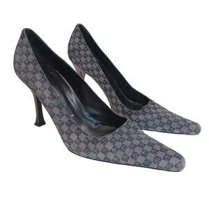 St John Heels Gray Black Suede Logo Print Stiletto Made in Italy Womens 9